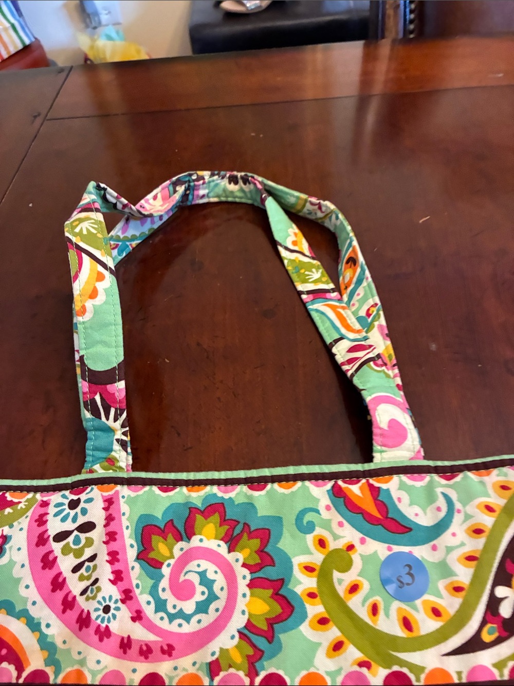Vera Bradley Turquoise Paisley Quilted Tote with Pink and Yellow Accents - Picture 3 of 5